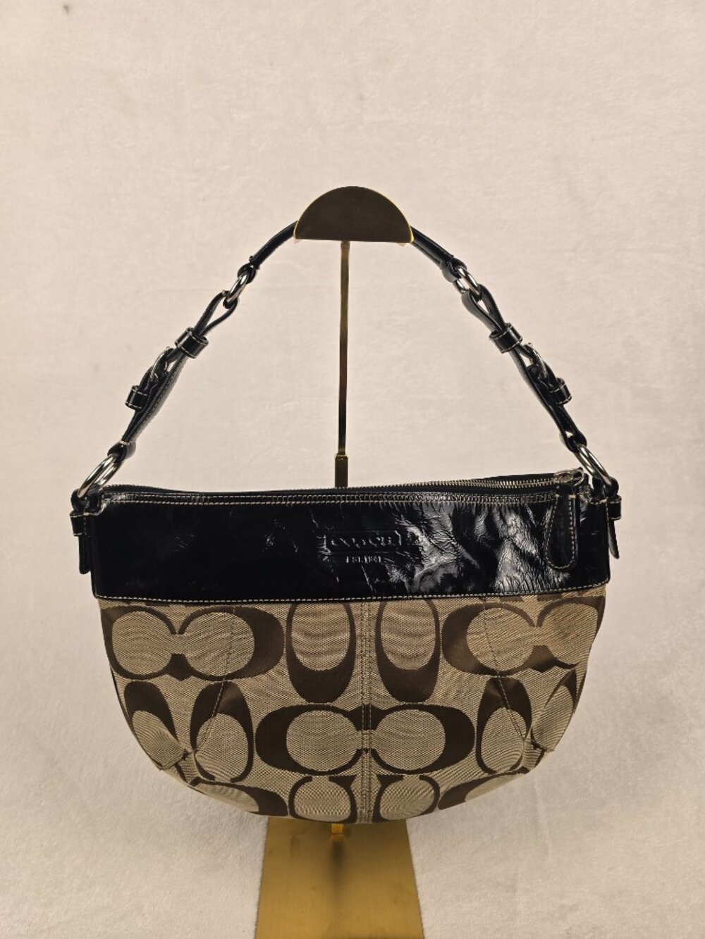 Coach Zoe Signature Hobo Bag Khaki Brown Jacquard Black Patent Leather